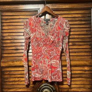 INC International Concepts Y2K  Red and Brown Paisley Long Sleeve Mesh Top Small